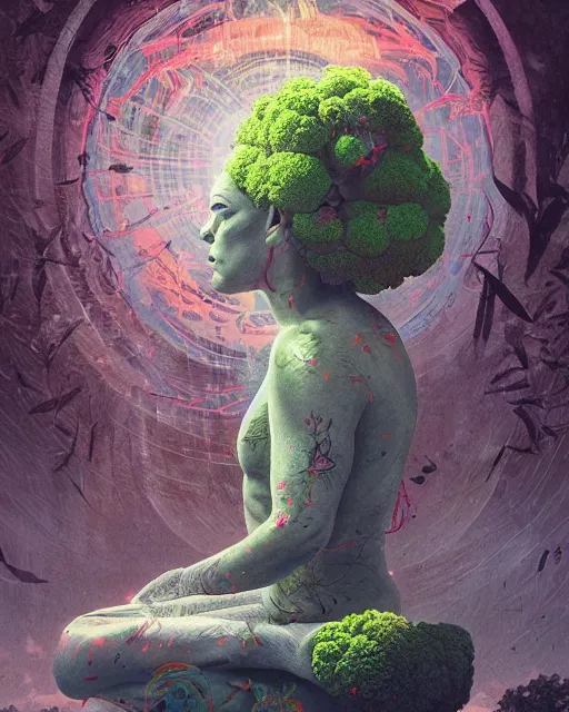 Image similar to detailed photo of meditating broccoli monk, beautiful, 8 k, by tristan eaton, stanley artgermm, tom bagshaw, greg rutkowski, carne griffiths, trending on deviantart, hyper detailed, glorious lighting, epic environment