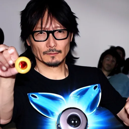 Prompt: Hideo Kojima holding a beyblade in his hand