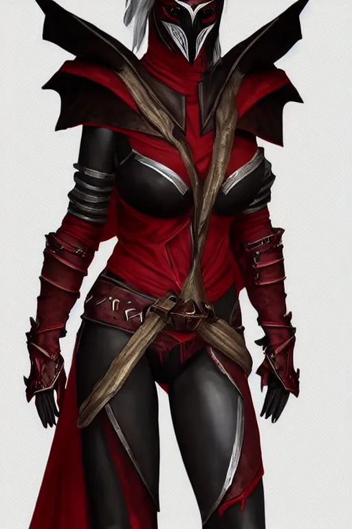 Image similar to female adventurer in tight full - body ebony leather armor of dunmer design with dark red cloth underneath and with a red porcelain crow mask, trending in artstation, establishing shot