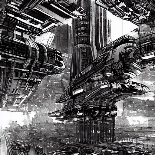 Prompt: highly detailed spaceship landing at a vast cyberpunk restaurant in Tokyo in style of Tsutomu Nihei. Cyberpunk, vertical symmetry.