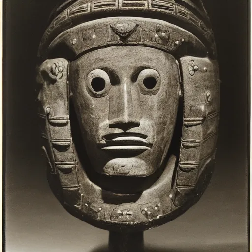 Image similar to photo portrait of precolumbian aztec astronaut helmet with fine detail engravings and runes cultist lord rich baron by Diane Arbus and Louis Daguerre