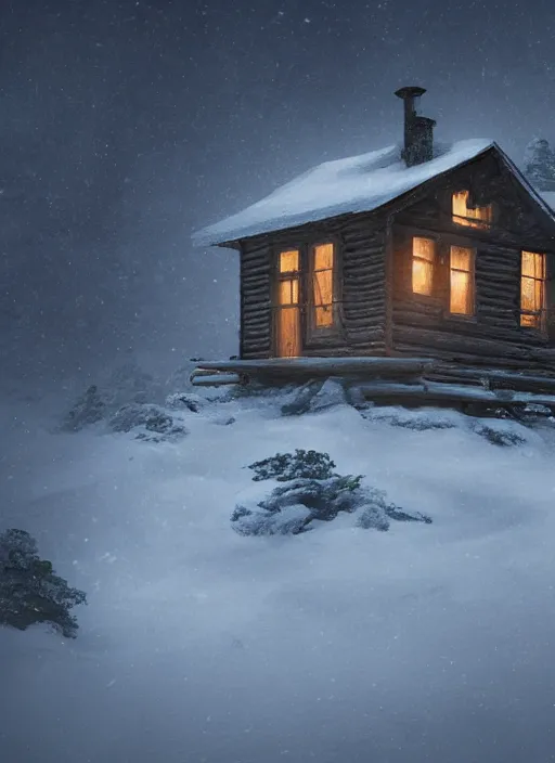 Prompt: an abandoned cabin on the top of a snowy mountain, new moon, greg rutkowski, 8 k, shallow depth of field, intricate detail, concept art,