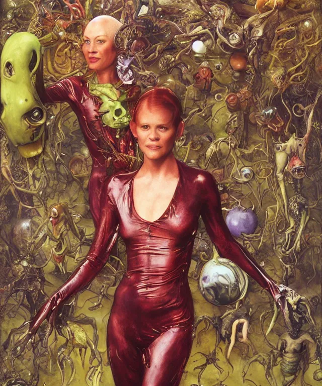 Image similar to a portrait photograph of a alien super villian with slimy skin and wings. she looks like a mutated reese witherspoon and is trying on a colorful infected bulbous shiny organic catsuit. by donato giancola, hans holbein, walton ford, gaston bussiere, peter mohrbacher and brian froud. 8 k, cgsociety, fashion editorial