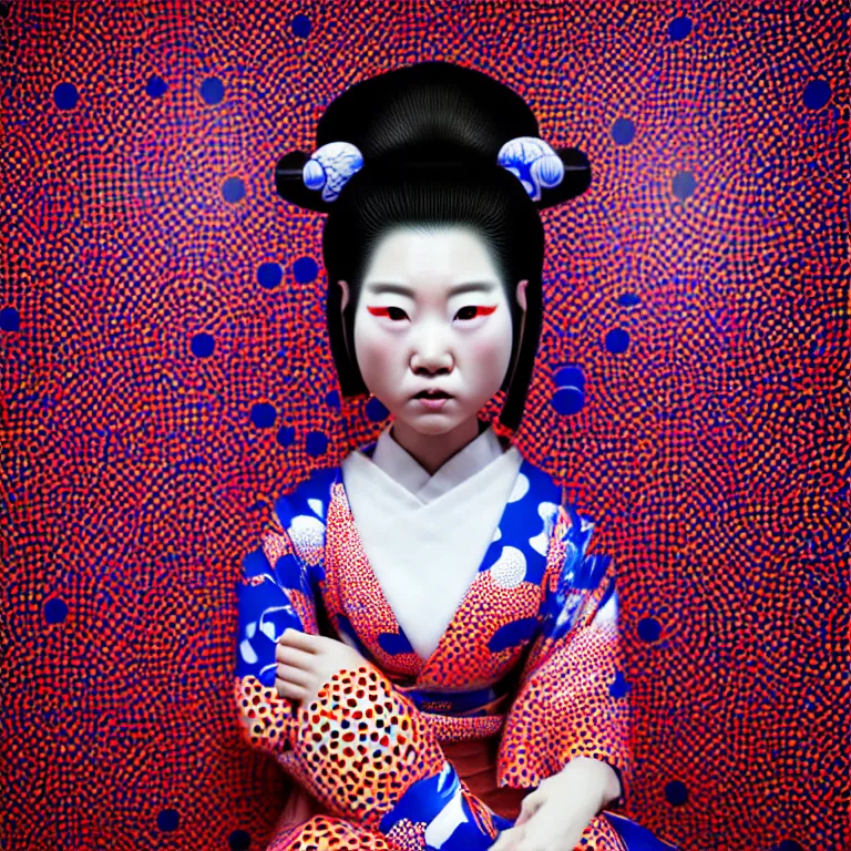 Image similar to hyperrealistic detailed image of a geisha in a art installation room, hd smooth interior by yayoi kusama, part by kei mieno, part by ross tran, dark art by james jean, ultra realistic, highly detailed, life like face, detailed body, 8 k, 3 d render by roger magrini, masterpiece