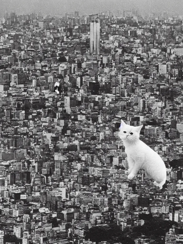 Prompt: full - color 1 9 6 0 s photo of an enormous cute calico - cat as a kaiju climbing up tokyo tower, in minato ward. in the style of a toho movie ; highly - detailed ; cinematic.