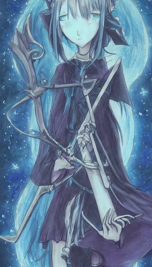 Image similar to a beautiful link drawing of the being death as a cute anime girl with a giant scythe from a studio ghibli film inspired by the death tarot card, dark vibes, pastel colors, cosmic, high quality