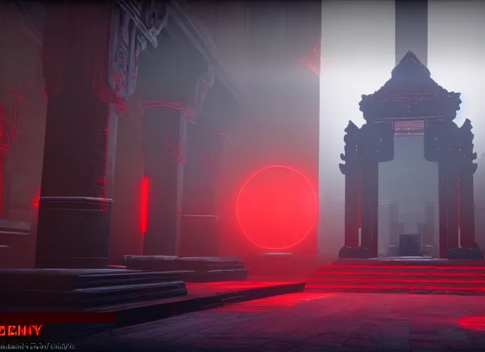 Prompt: ancient temple of worship with red shafts of light in destiny 2, foggy, liminal, dark, dystopian, beautiful architecture, abandoned, highly detailed 4 k 6 0 fps in - game destiny 2 gameplay screenshot leak