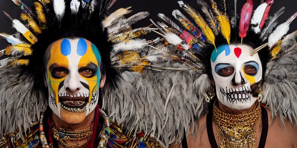 Prompt: ney matogrosso with malice, paint on face, feathers, leather, lace, gold wings on head, tibetan skeleton dancer, painting by gottfried helnwein, salivdor dali, raqib shaw