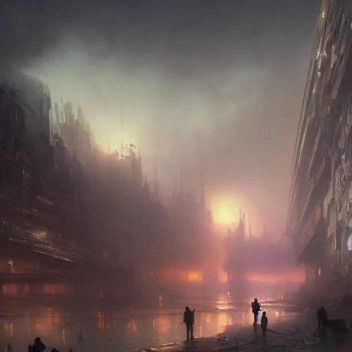 Image similar to a beautiful painting of a cyberpunk city on the wasteland by ivan aivazovsky and greg rutkowski and james gurney and frank lloyd and sung choi, in style of impressionnisme. hyper detailed, sharp focus, soft light. unreal engine 5 lumen. ray tracing. trending on artstation. oil on canvas