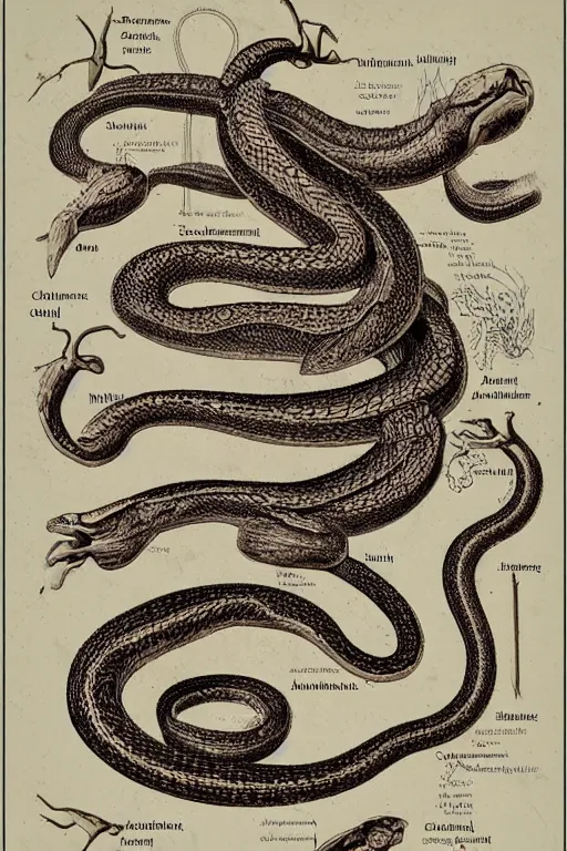 Image similar to anatomical encyclopedia illustration of a snake, photorealistic, diagram, intricate details