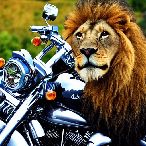 Prompt: a cool lion on a Harley Davidson on the road, cinematic