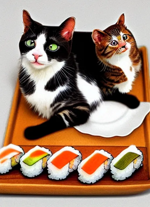 Image similar to clear photorealistic picture of adorable cats made out of sushi