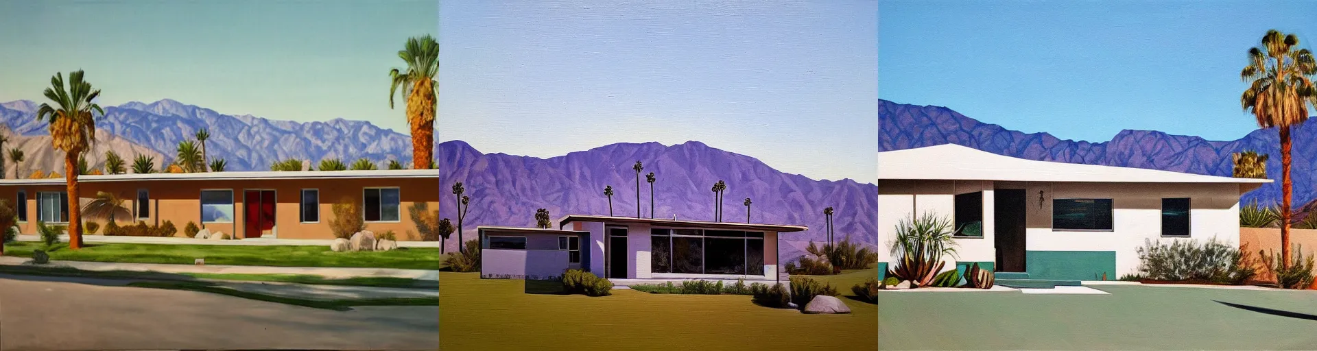 Prompt: 1 9 5 0 s modern bungalow in the outskirts of palm springs, california - oil on canvas by robert bechtle