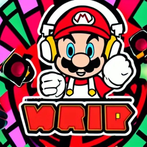 Image similar to svg sticker of a Pop-Wonder SuperMario, Mario-Wearing-a-red-hat, at a rave, spinning records, giant headphones rocking out, wearing headphones, huge speakers, dancing, rave, DJ, spinning records, digital art, amazing composition, rule-of-thirds, award-winning, trending on artstation, featured on deviantart