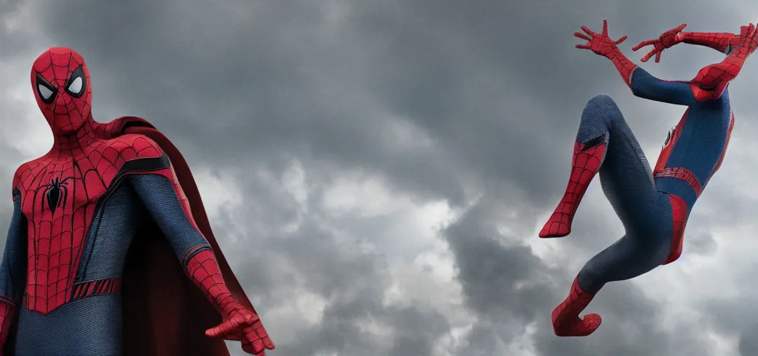 Image similar to Tom Hanks as Spider-Man, film still, wide-shot, full shot, cinematic lens, heroic portrait