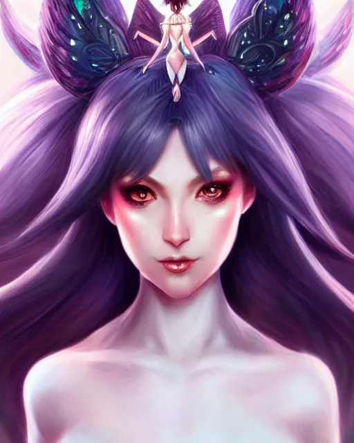 Image similar to 3 / 4 view of a woman with fairy wings, confident pose, pixie character, video game genshin impact, cell shaded anime intricate, elegant, sharp focus, illustration, highly detailed, concept art, matte, magali villeneuve, artgerm, anime, trending on artstation