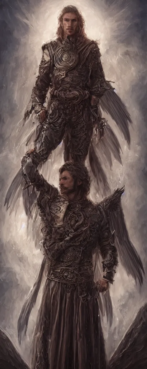 Prompt: an epic fantastic realism comic book style portrait painting of an aasimar hexblade warlock, male, massive angel wings, petrol energy, long shaggy hair, short beard, D&D Concept Art, unreal 5, DAZ, hyper realistic, octane render, cosplay, RPG portrait, dynamic lighting, by Bob Byerley, trending on Artstation