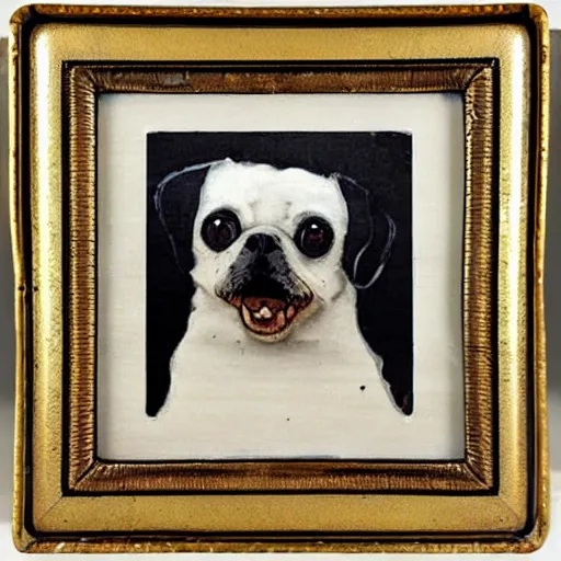 Prompt: painted wooden frame, elegant, 1 9 2 0 s, for a square picture of a happy dog. the frame is ornate and has room for the name tag of the dog. digital art