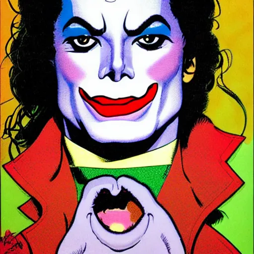 Image similar to dynamic macro head portrait of beautifu michael jackson as the joker in white sequined jacket by john romita sr and cory walker and ryan ottley and jack kirby and barry windsor - smith, comic, illustration, photo real