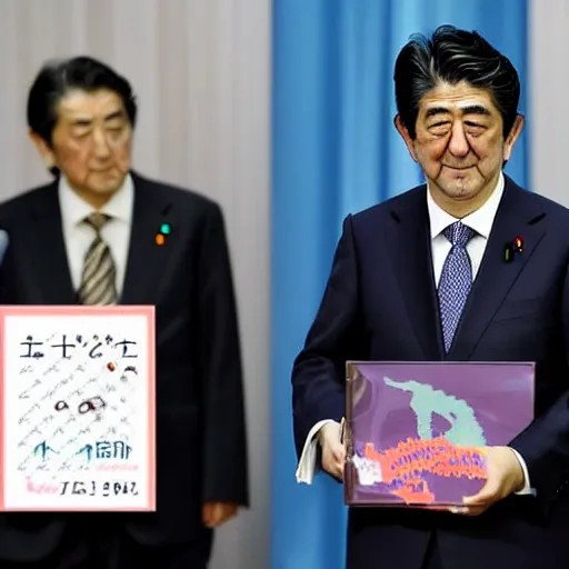 Image similar to shinzo abe holding a statistical graph of the japanese birth rate climbing up