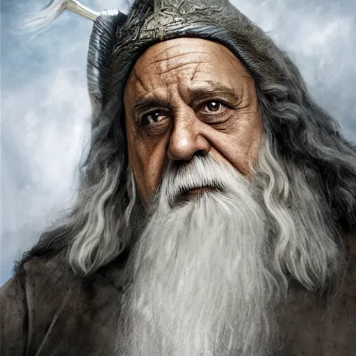 Image similar to ultra realistic illustration, danny devito as gandalf the white from lord of the rings movie, full body, high quality, highly detailed, wide angle, illustration, digital art, full color