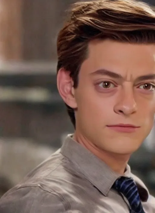 Prompt: very handsome peter parker looking at the camera with his spider suit removed to his waist