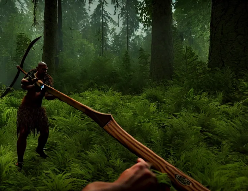 Image similar to a the forest game screenshot with one tribal enemy in the middle of the screenshot the player is holding a axe ultra realistic