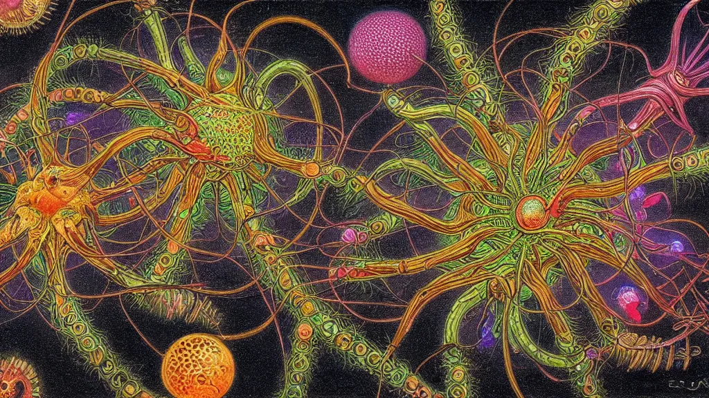 Image similar to quantum connections represented as symbiotic organisms like cells playing around with colorful lights by ernst haeckel, smooth, sharp, realistic