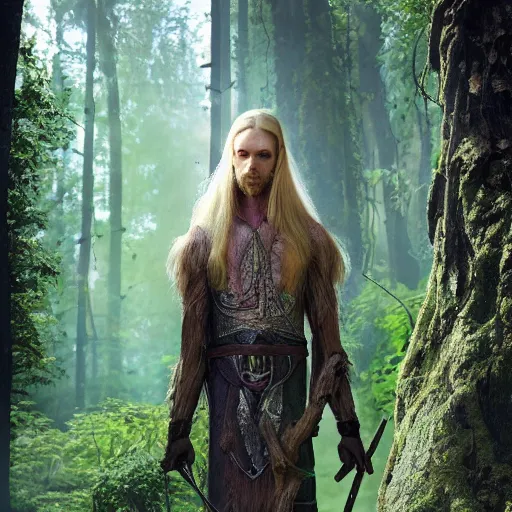 Image similar to A tall slim male wood elf fungus druid posing in a mystical forest, long blonde hair, fungi, glowing, wooden armor, magical, fantasy, medieval, highly detailed, dynamic lighting, cinematic, dramatic, sharp focus, focus on face, masterpiece, trending on artstation, concept art, digital painting