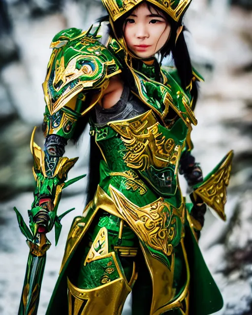 Image similar to a beautiful Asian elf ranger with long hair and green eyes, no helmet, wearing green and gold futuristic mecha armor, with ornate rune carvings and glowing lining and weapons , very detailed, shot in canon 50mm f/1.2