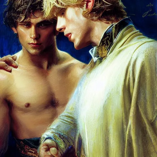 Image similar to attractive male, blond hair, arthur pendragon confesses his love to attractive male, dark hair, merlin. highly detailed painting by gaston bussiere, craig mullins, j. c. leyendecker 8 k