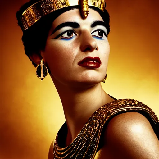 Prompt: Photo of Cleopatra, Queen of the Kingdom of Egypt, sitting on a throne, close-up, high detail, studio, ominous background, smoke, by Martin Schoeller