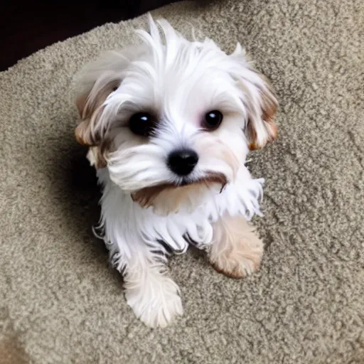 Image similar to white yorkiepoo sitting in a pile of mochi, realistic, hd