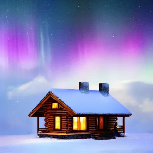 Image similar to a small log cabin in a snow covered, mountainous landscape below a night sky displaying the northern lights, trending on artstation