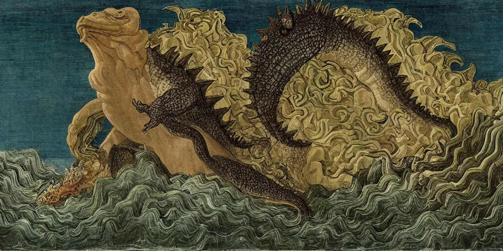 Prompt: godzilla emerging from the seas by sandro botticelli, painting