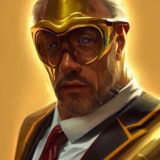 Image similar to a painted portrait of a middle-aged man in a golden suit, D&D, sci-fi, elegant, hopeful, muscular, highly detailed, digital painting, artstation, concept art, smooth, sharp focus, illustration