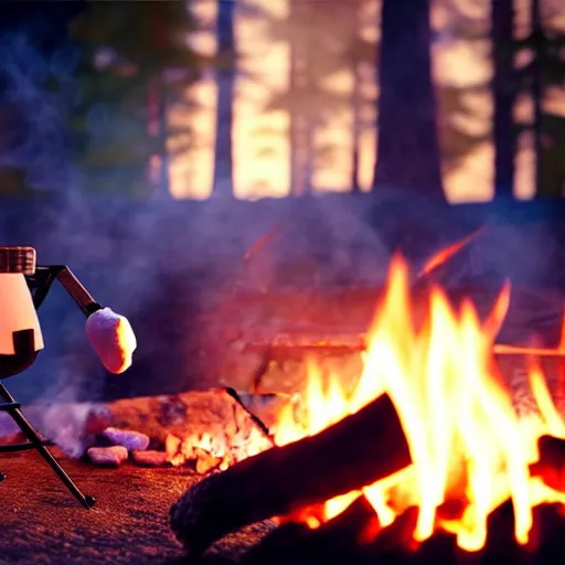 Prompt: a transformer cooking a marshmellow in a camping fire, octane render, hard reflection, hyperrealism, 3D