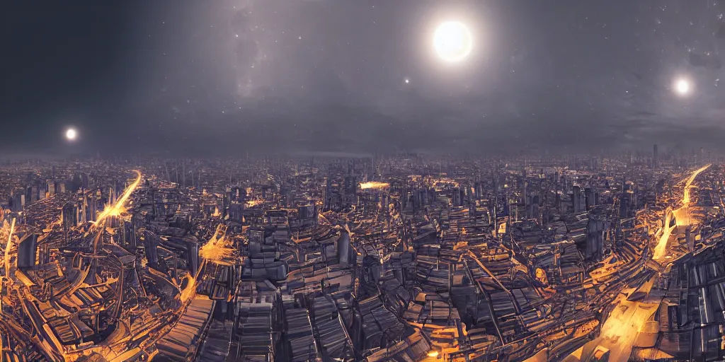 Image similar to a big industrial city metropoli in the distance, cloudy dark sky, it's late at night the moon and the milky way shine, 3 6 0 render panorama, seamless