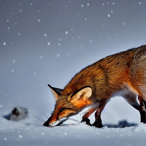 Image similar to mouse mixed with a fox searching for food in the snow, macro shot, soft light of winter, award winning photo, national geographic,
