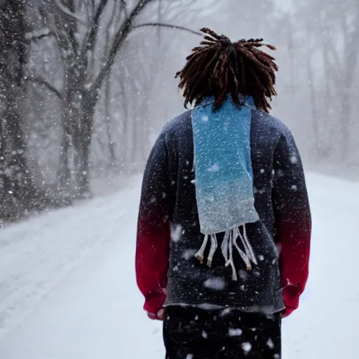 Prompt: a boy with colored dread hair walking in snow, 5 : 3 0 am