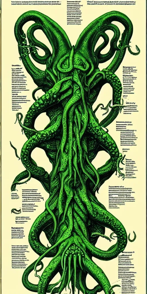 Image similar to cthulhu cross section scientific illustration biology book, highly detailed