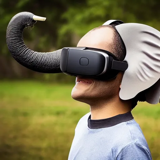 Image similar to an elephant wearing a VR headset on its head.