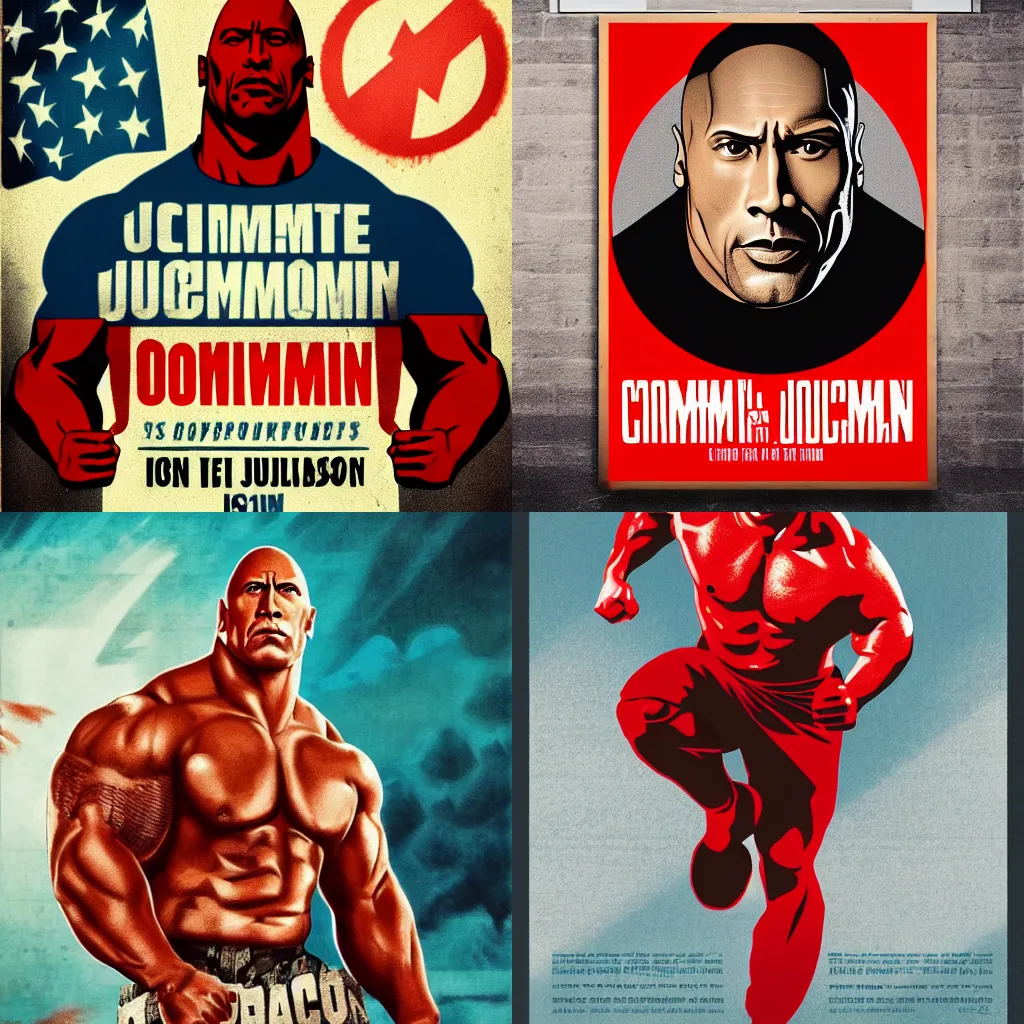 Prompt: communist Propaganda poster Dwayne The Rock Johnson full body trending on artstation
