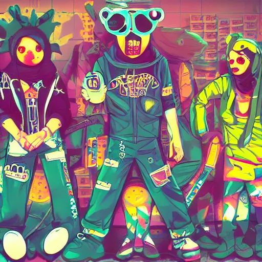 Image similar to bandphoto of chiptune band, in the style of billelis and james jean and pedro conti and stanley kubrick, inspired by die antwoord, kawaii colors, photorealistic, epic, super technical, 3 d render