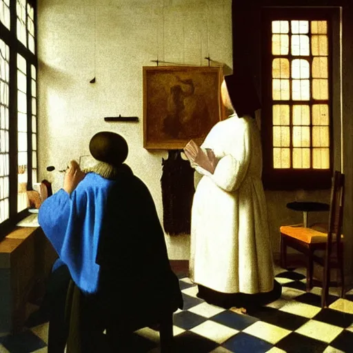 Prompt: A couple of scientists are in love in a laboratory, by Vermeer