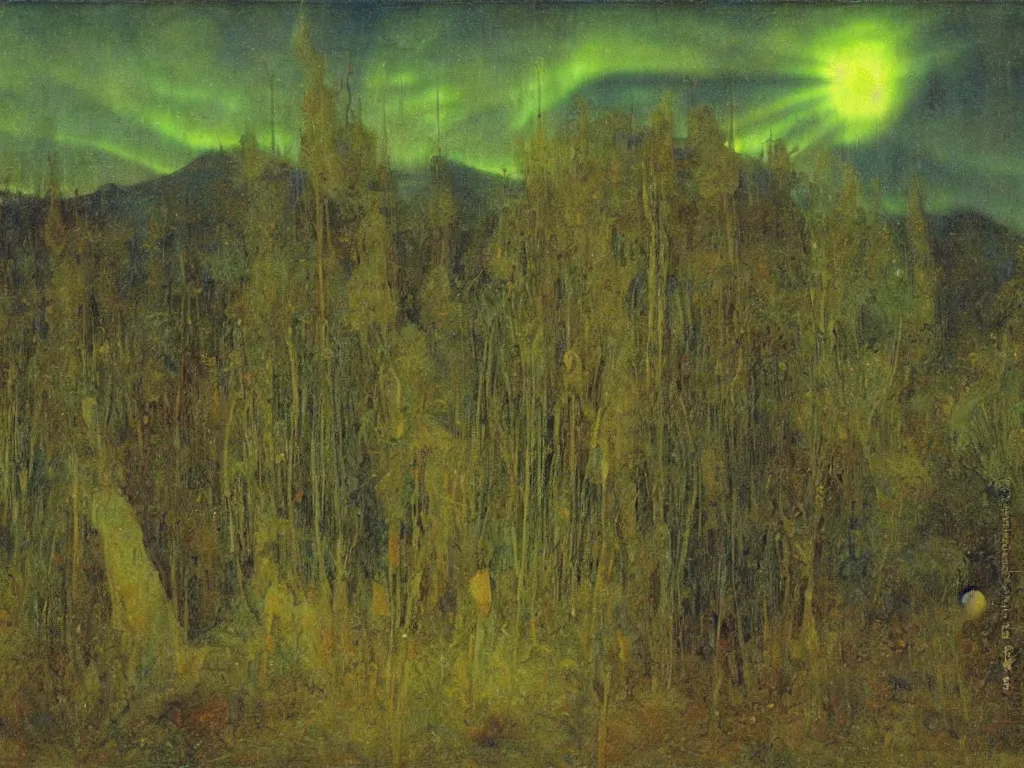 Image similar to painting by mikalojus konstantinas ciurlionis, bosch, arnold bocklin. island of the dead, aurora borealis