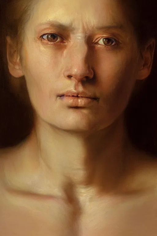 Prompt: beautiful oil painting portrait of beautiful woman face by wayne barlowe, rembrandt, complex, stunning, realistic skin color, 4 k, high res, awardwinning, masterpiece, realistic lighting