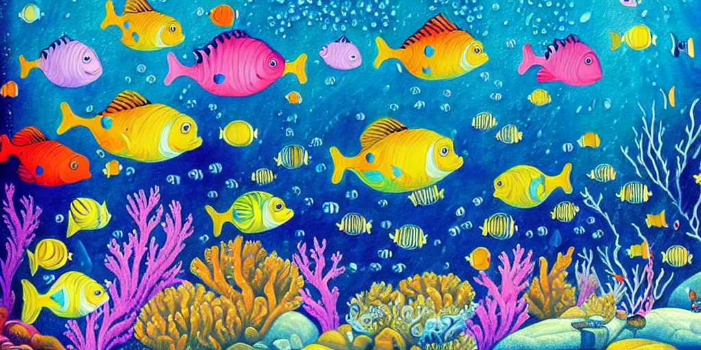 Image similar to a beautiful painting of an elaborate underwater scene painted by bosch and lisa frank