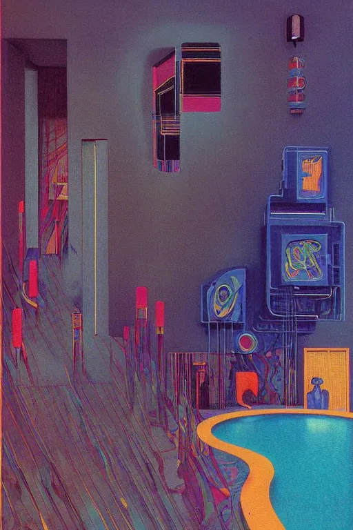 Image similar to 8 0 s art deco motel with swimmingpool, cinematic dramatic cyberpunk textural fluid lines otherworldly vaporwave interesting details fantasy lut epic composition by basquiat zdzisław beksinski james jean artgerm rutkowski moebius francis bacon gustav klimt