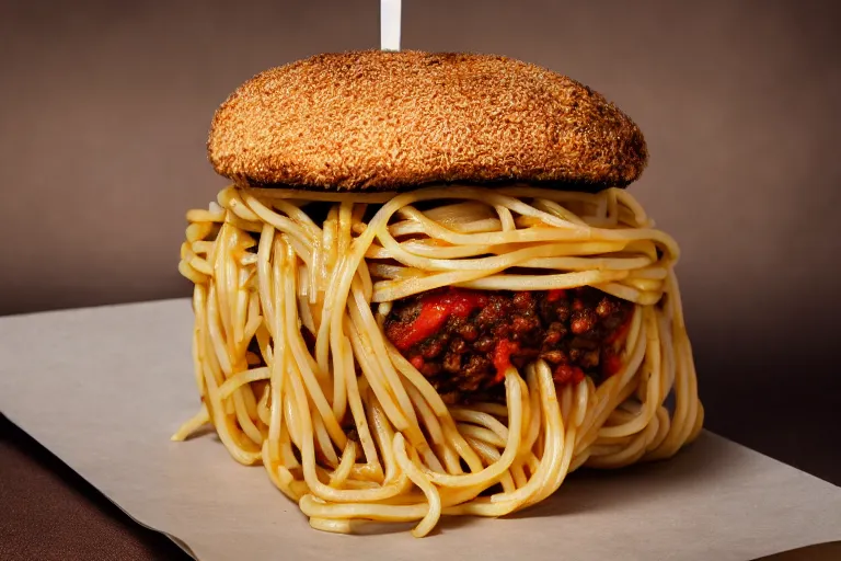 Image similar to spaghetti burger, commercial photography